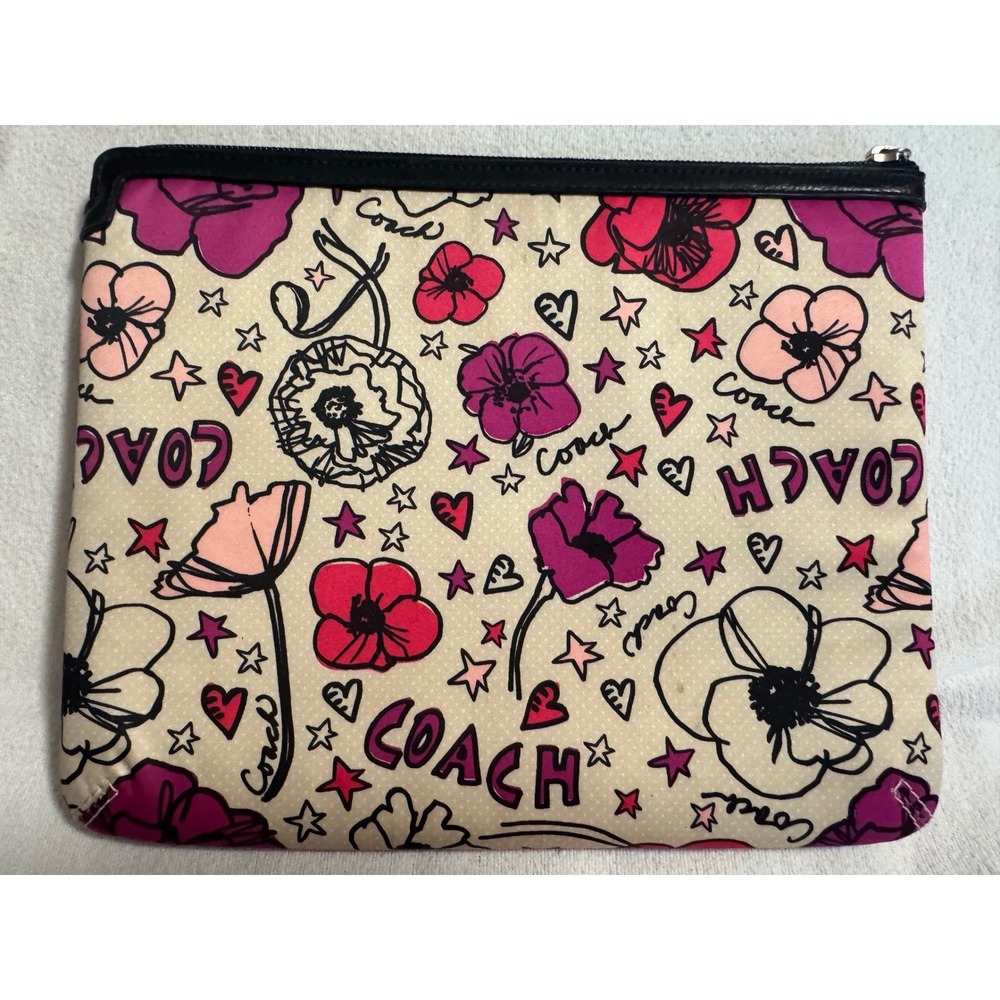 Coach Poppy Floral Graffiti Pouch Pink Purple Canvas Zipper Cosmetic Bag Clutch